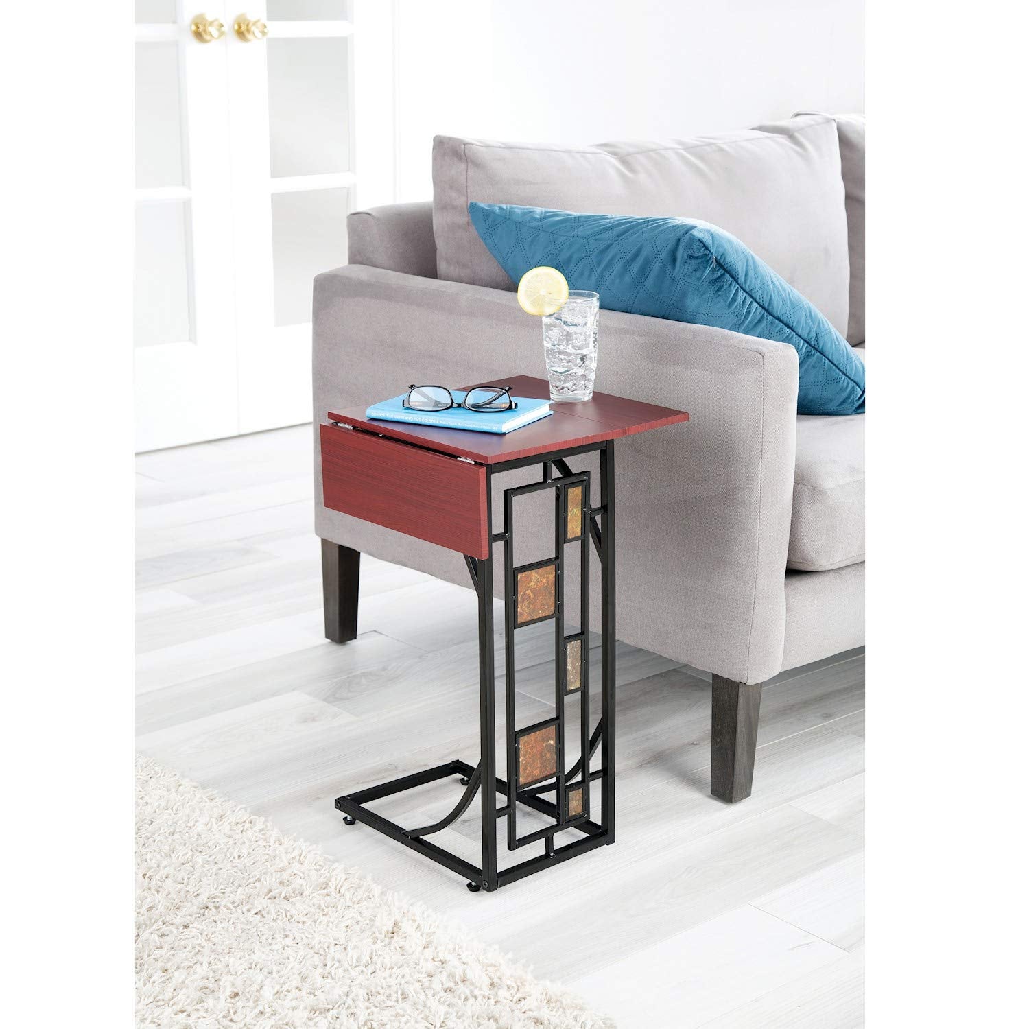 Etna Expandable Wood Top Sofa Side End Table - Metal Base with Geometric Design - C-Shaped TV Tray Slides Up to Couch, Chair, Recliner