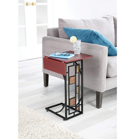 Etna Expandable Wood Top Sofa Side End Table - Metal Base with Geometric Design - C-Shaped TV Tray Slides Up to Couch, Chair, Recliner