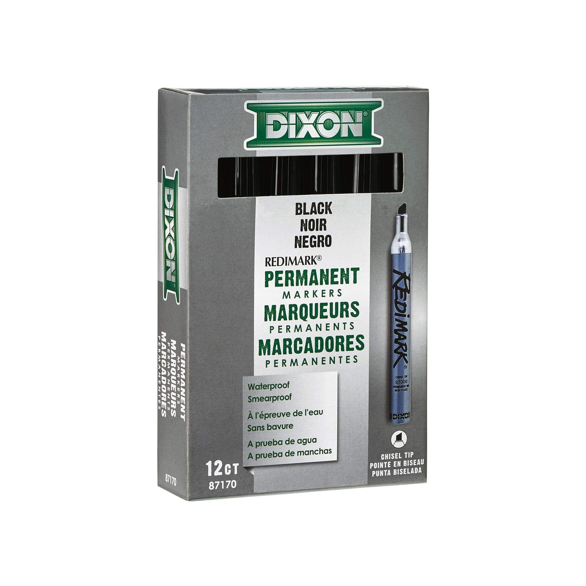Dixon Industrial RediMark Permanent Markers, Chisel Point, Metal Barrel, Box of 12 Markers, Black (87170)