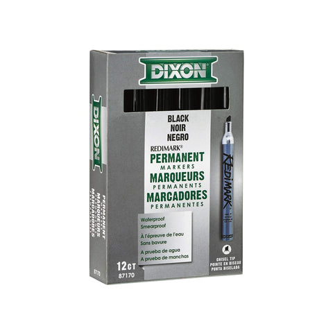 Dixon Industrial RediMark Permanent Markers, Chisel Point, Metal Barrel, Box of 12 Markers, Black (87170)