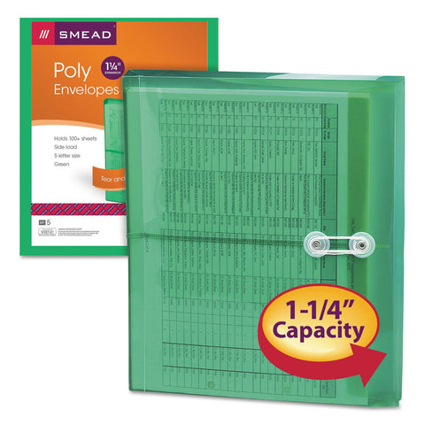 Smead Poly Envelope, 1-1/4" Expansion, String-Tie Closure, Side Load, Letter Size, Green, 5 per Pack (89523)