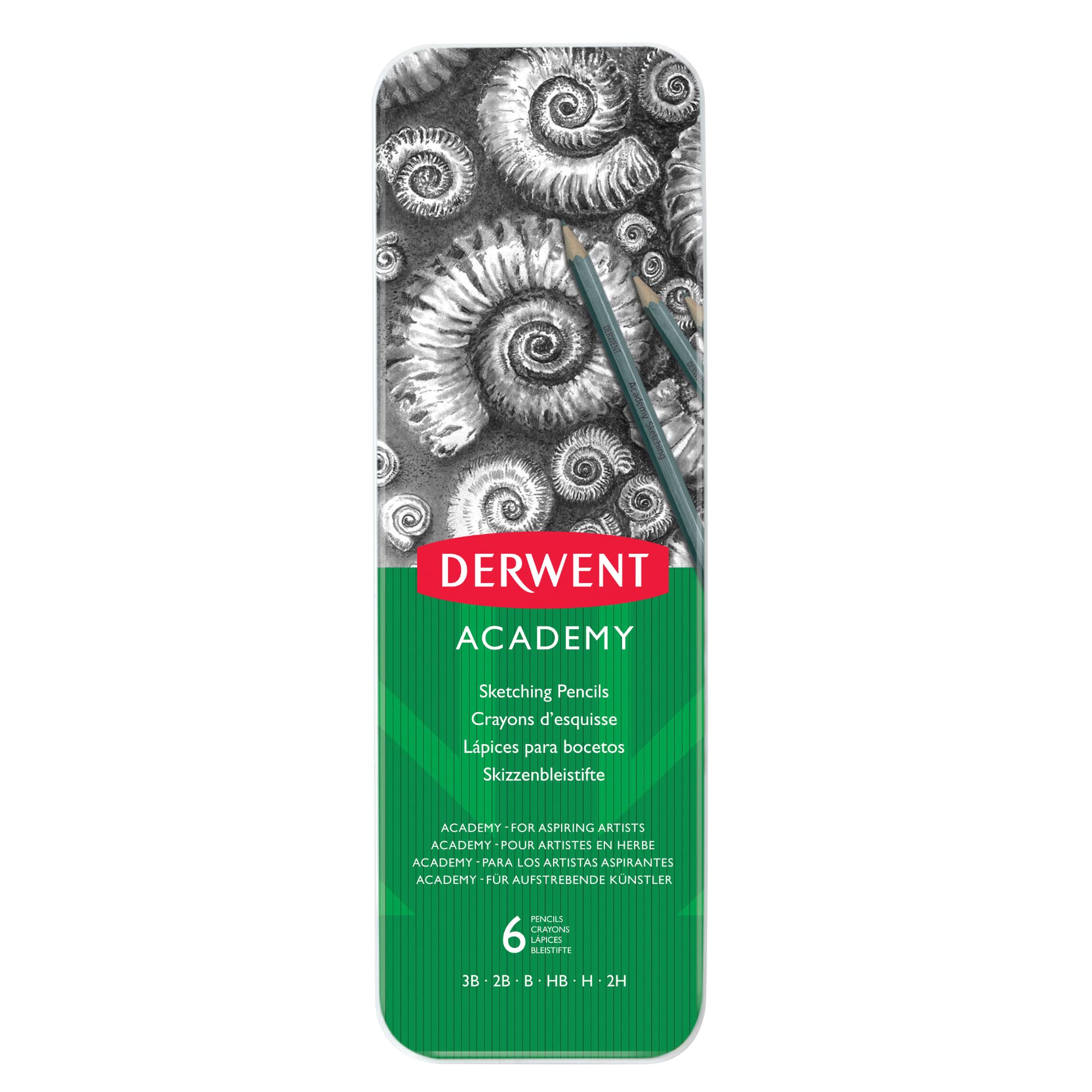 Derwent Academy Sketching Pencils, 6 Degrees of Hardness, Metal Tin, 6 Count (2301945)