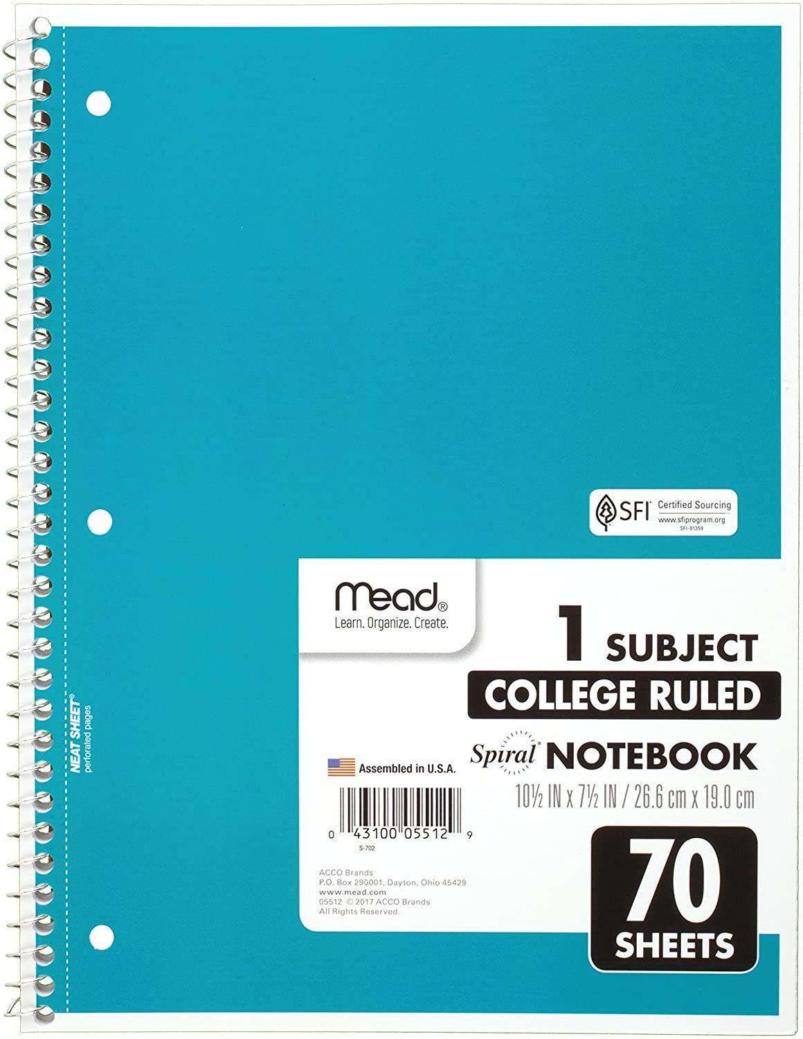 Mead Spiral Notebook, 1 Subject, College Ruled Paper, 70 Sheets, 10-1/2" x 7-1/2", Assorted Colors (05512)