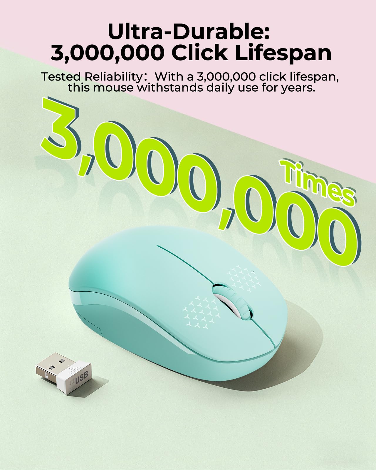seenda Wireless Mouse for Laptop, 2.4G Noiseless Mouse with USB Receiver - Optical Tracking Portable Computer Mice for Chromebook, PC, Tablet, Windows System, 24 Months Battery Life - Mint Green