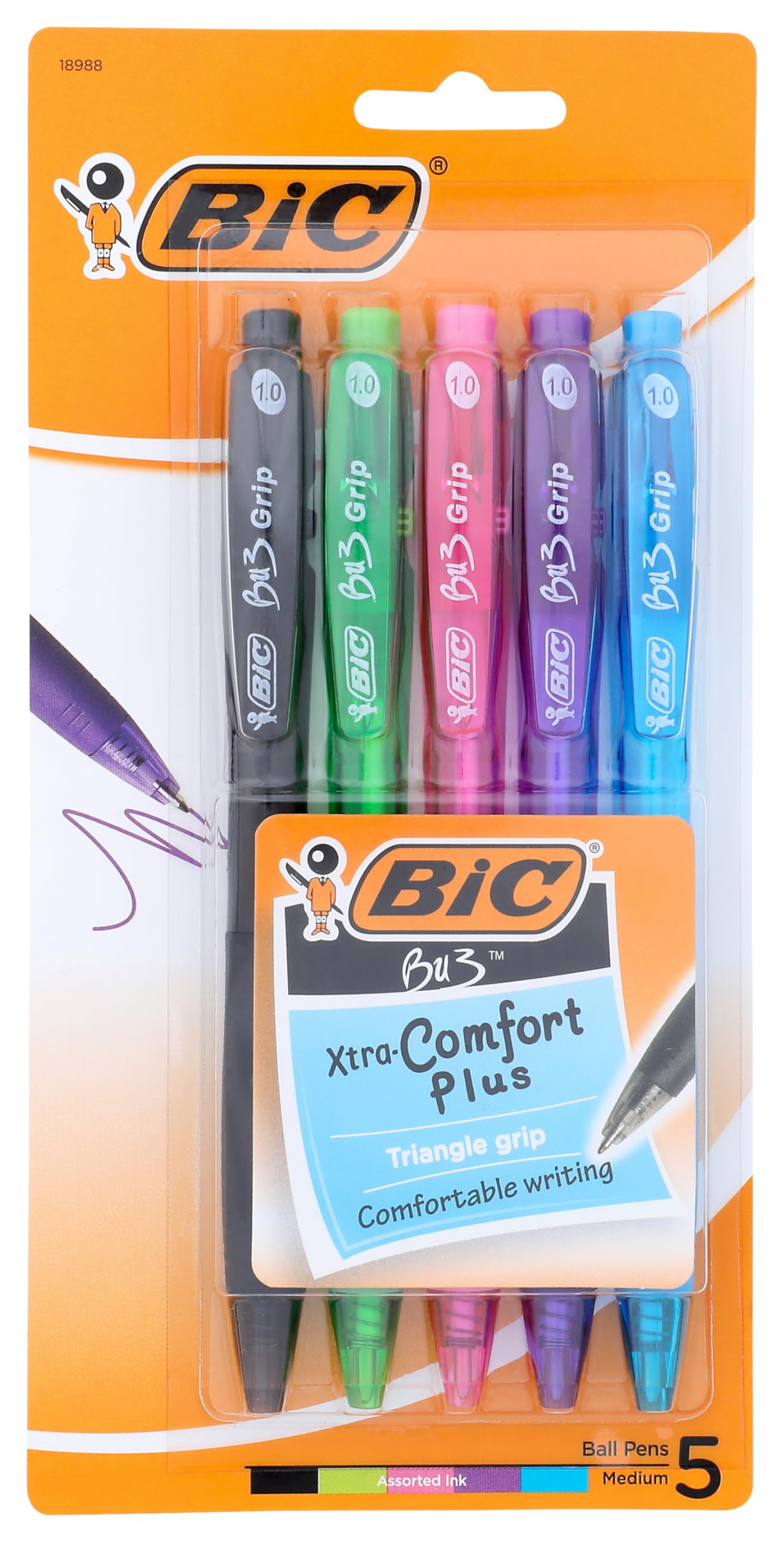 BIC BU3 Retractable Ball Pen, Medium Point (1.0 mm), Assorted Colors, 5-Count