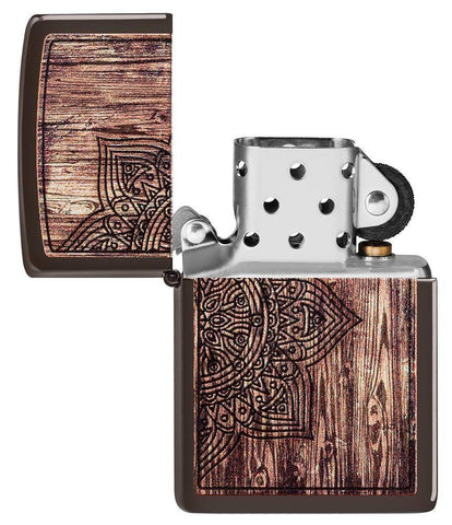 Zippo Wood Mandala Design Brown Matte Pocket Lighter