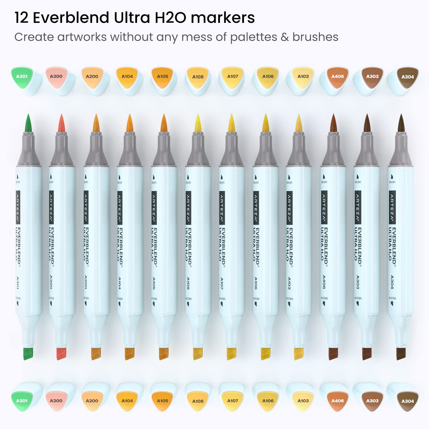 ARTEZA Dual Tip Nylon Brush Pens Set of 12 Earth Tones, EverBlend Watercolor Calligraphy Markers, Water-Based Ink