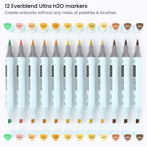 ARTEZA Dual Tip Nylon Brush Pens Set of 12 Earth Tones, EverBlend Watercolor Calligraphy Markers, Water-Based Ink
