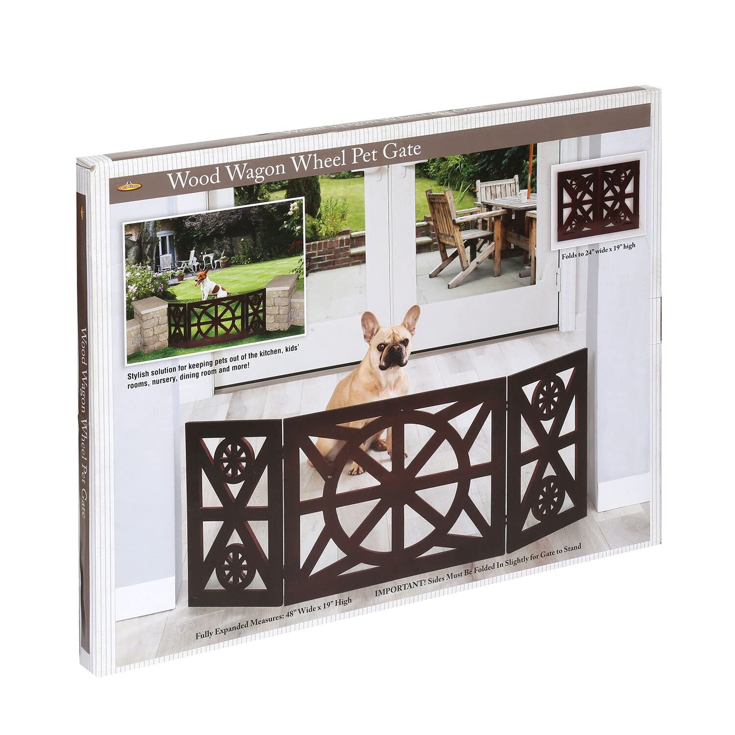 Etna 3 Panel Dog Gate - Trifold Wagon Wheel, Freestanding, Lightweight Foldable, Mahogany Wood, Brown, 48" W x 19" H