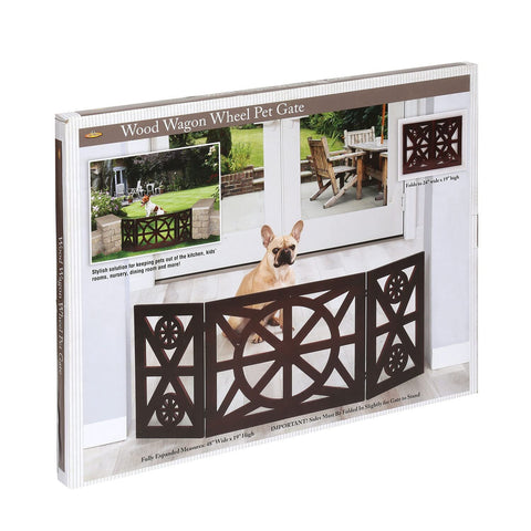 Etna 3 Panel Dog Gate - Trifold Wagon Wheel, Freestanding, Lightweight Foldable, Mahogany Wood, Brown, 48" W x 19" H
