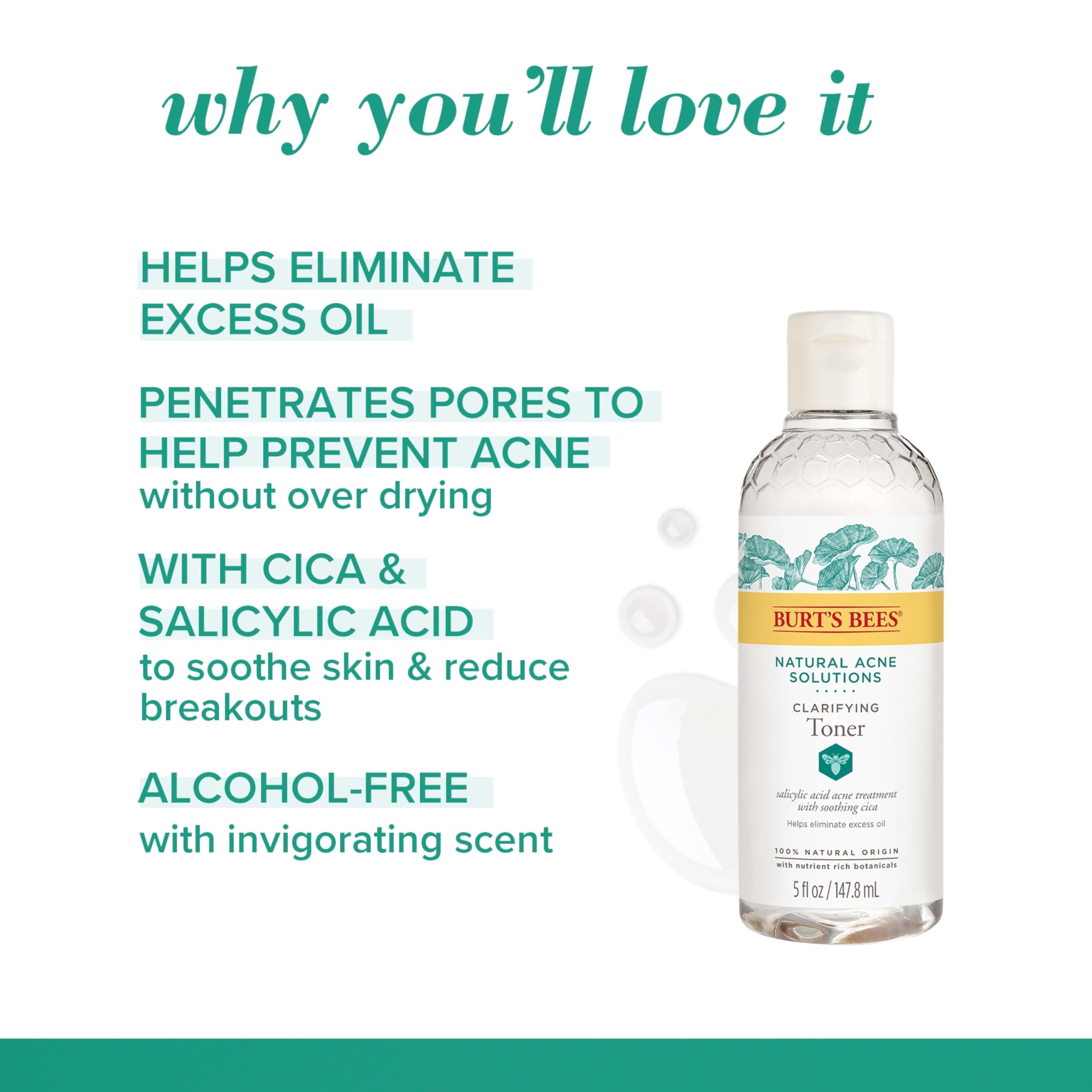 Burt's Bees Natural Acne Solutions Clarifying Toner With Salicylic Acid, Facial Toner for Acne-Prone Skin, 100 Percent Natural Origin Skin Care, 5 fl. oz. Bottle