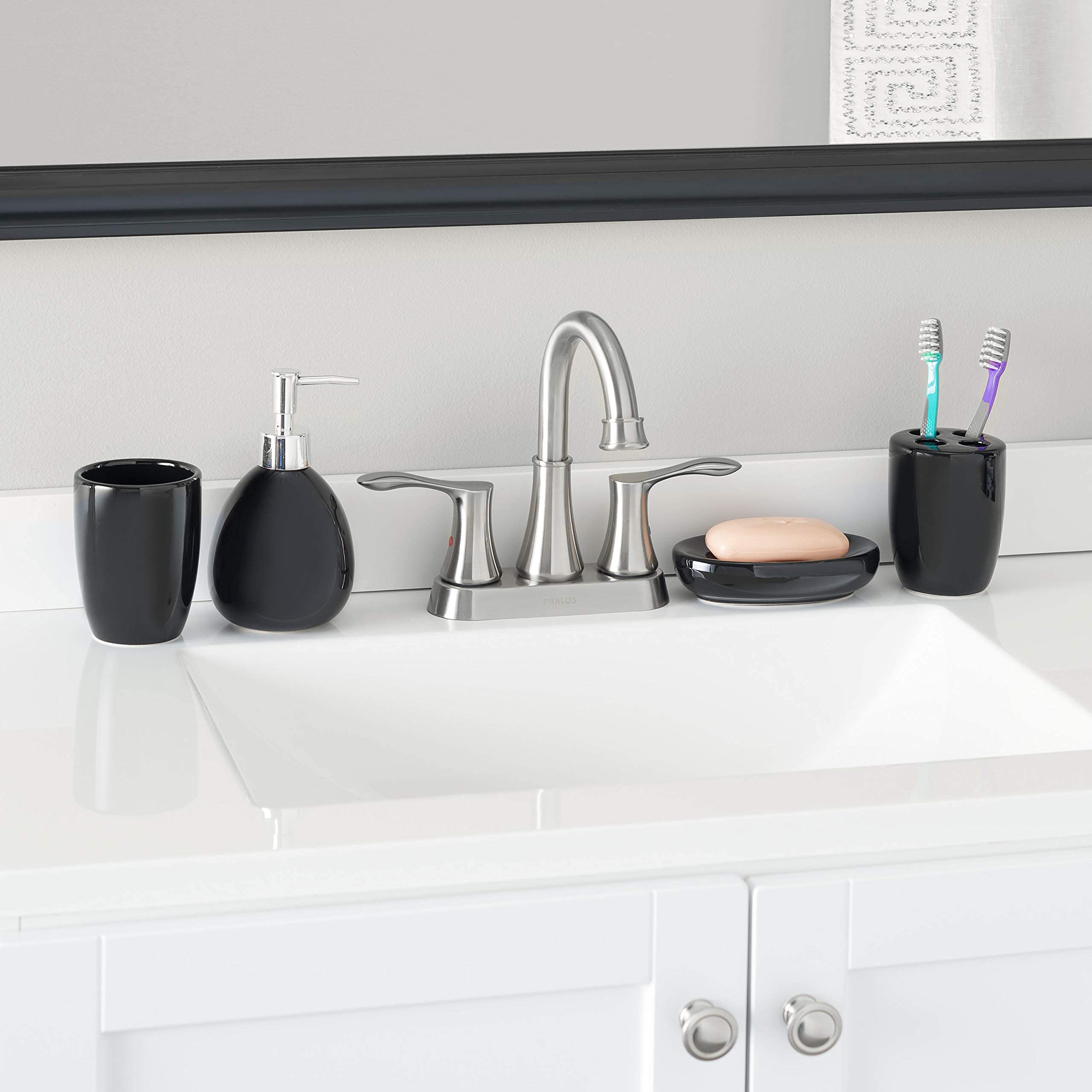 4-Piece Ceramic Bathroom Set (Black), By Home Basics | Contemporary Design Bathroom Accessory Sets | Accessories For Bathroom | Includes Soap Dish, Tumbler, Toothbrush Holder, and Lotion Dispenser