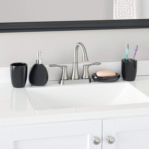 4-Piece Ceramic Bathroom Set (Black), By Home Basics | Contemporary Design Bathroom Accessory Sets | Accessories For Bathroom | Includes Soap Dish, Tumbler, Toothbrush Holder, and Lotion Dispenser