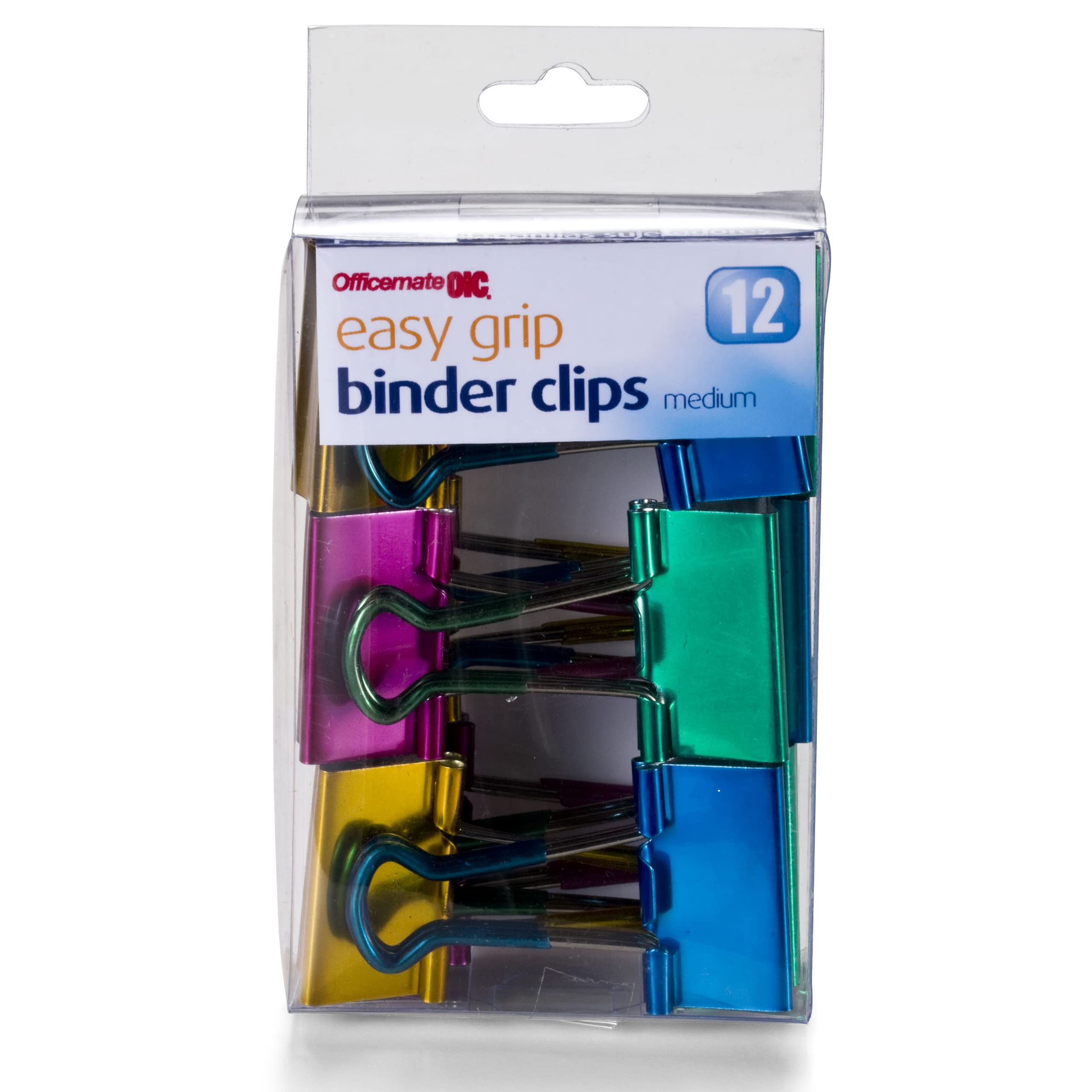 Officemate Easy Grip Medium Binder Clips, Assorted Metallic Colors, 12 Pack (31054)
