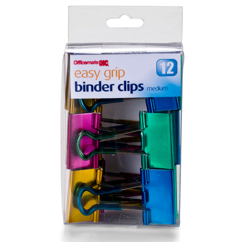 Officemate Easy Grip Medium Binder Clips, Assorted Metallic Colors, 12 Pack (31054)