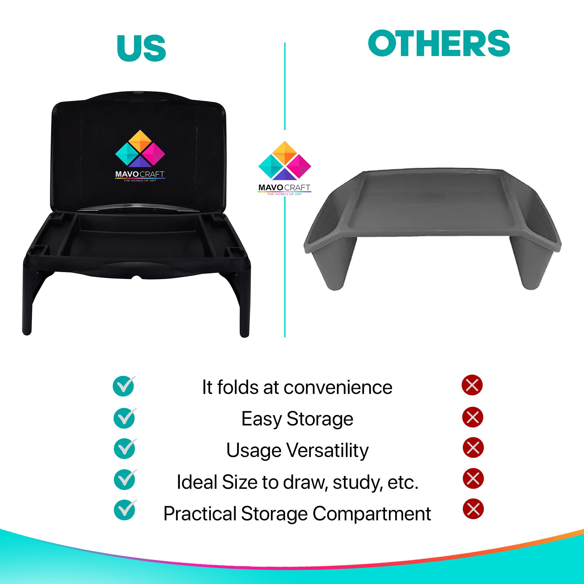 MAVOCRAFT Foldable Kids Lap Tray with Storage - Portable Lap Desk Kids & Adults - Kids Lap Desk for Breakfast in Bed, Serving Tray, Car Desk & Gaming (Black)