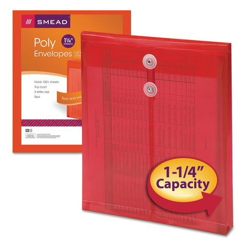 Smead Poly Envelope, 1-1/4" Expansion, String-Tie Closure, Top Load, Letter Size, Red, 5 per Pack (89547)