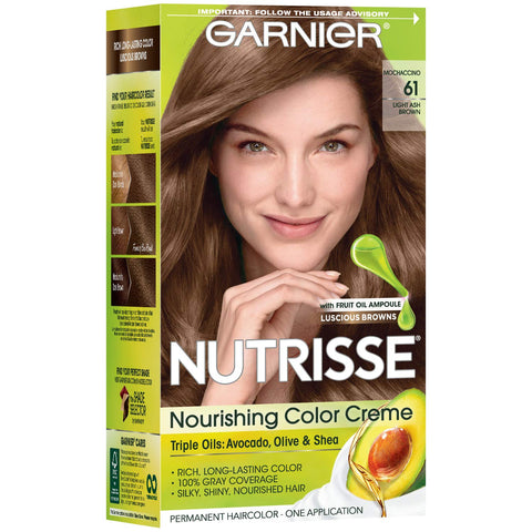 Garnier Nutrisse Nourishing Hair Color Creme, 61 Light Ash Brown (Mochaccino) (Packaging May Vary)