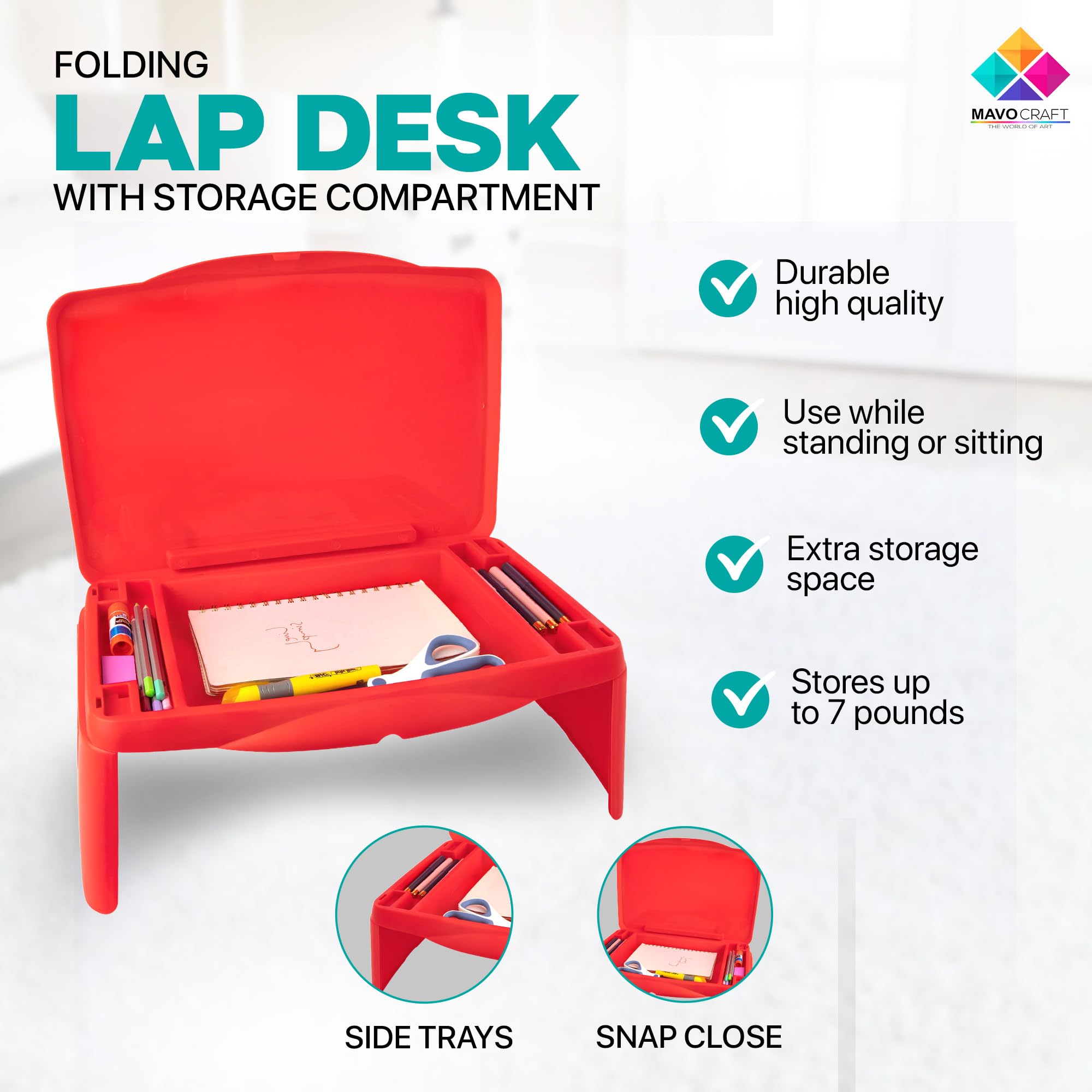 MAVOCRAFT Foldable Kids Lap Tray with Storage - Portable Lap Desk Kids & Adults - Kids Lap Desk for Breakfast in Bed, Serving Tray, Car Desk & Gaming (Red)