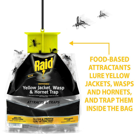 Raid Yellow Jacket, Wasp & Hornet Trap, 3 Pack, Disposable, Convenient, Hanging Fly Trap Bags with Food-Based Lure, No-Spray Outdoor Fly Traps Suitable Defense for Yards, Patios & Campsites