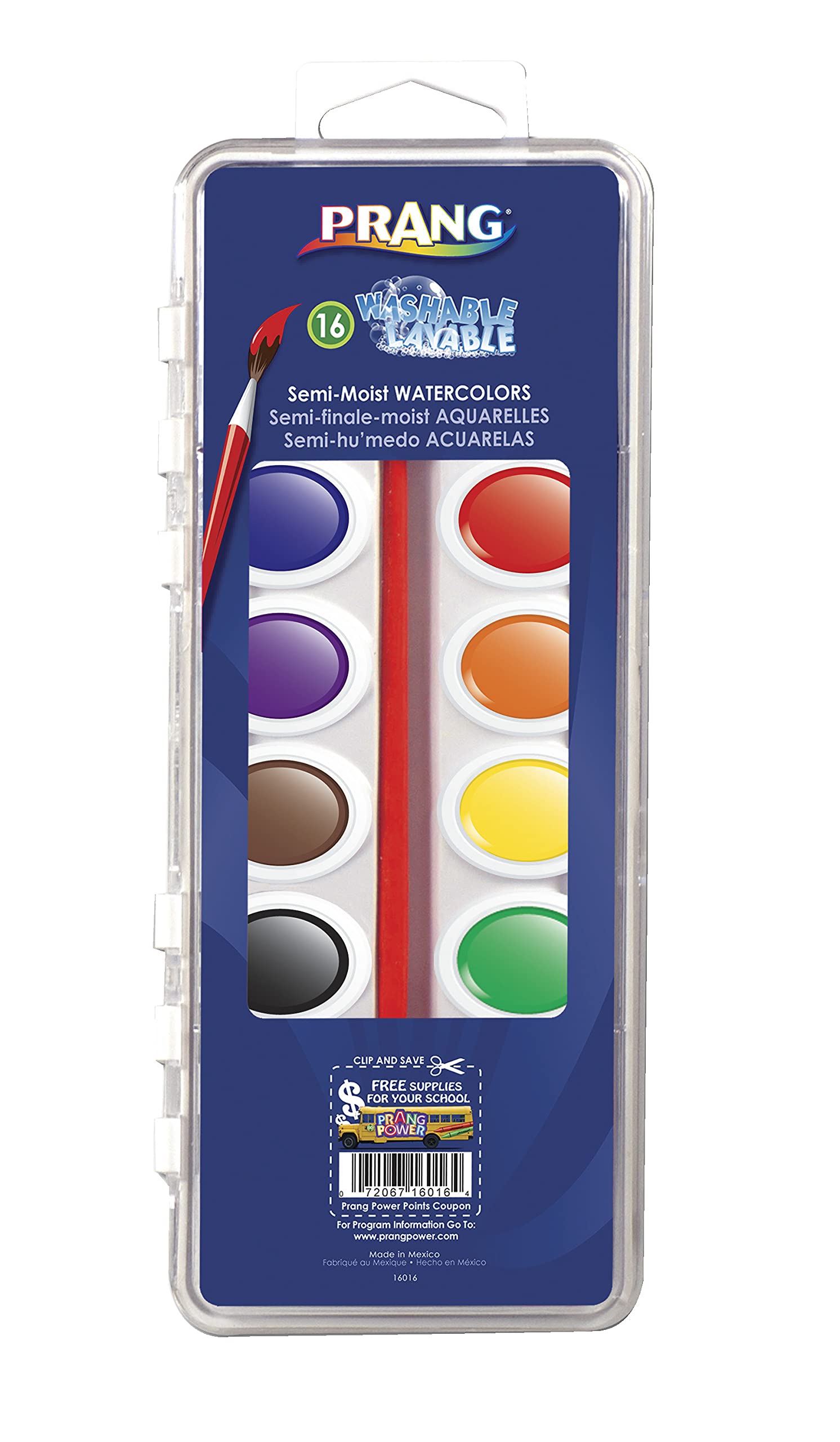 Prang Washable Semi-Moist Watercolors Oval Pan Set with Size 6 Paintbrush, Non-Refillable, 16 Assorted Colors, Pack of 1