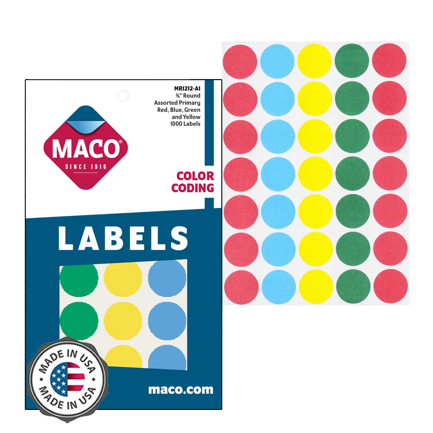 MACO Assorted Primary Round Color Coding Labels, 3/4 Inches in Diameter, 1000 Per Box (MR1212-A1)