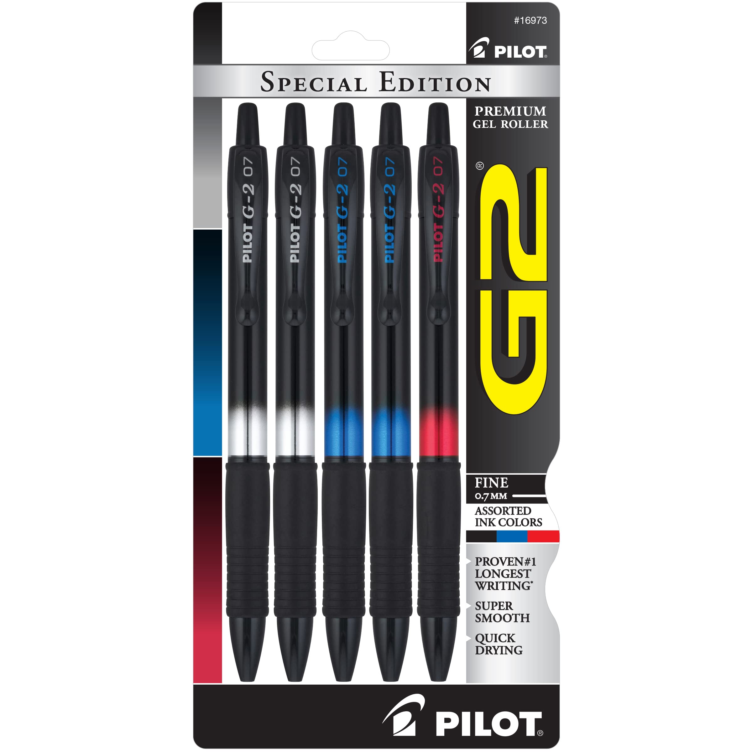 Pilot, G2 Special Edition Premium Gel Roller Pens, Fine Point 0.7 mm, Black, Blue, Red, Pack of 5