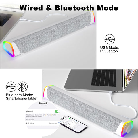 SOULION R30 Plus Bluetooth Computer Speakers, All-in-One Control Button with 6 Modes LED Lights PC Speaker, Wired USB Powered Surround Soundbar for Desktop Monitor Laptop White