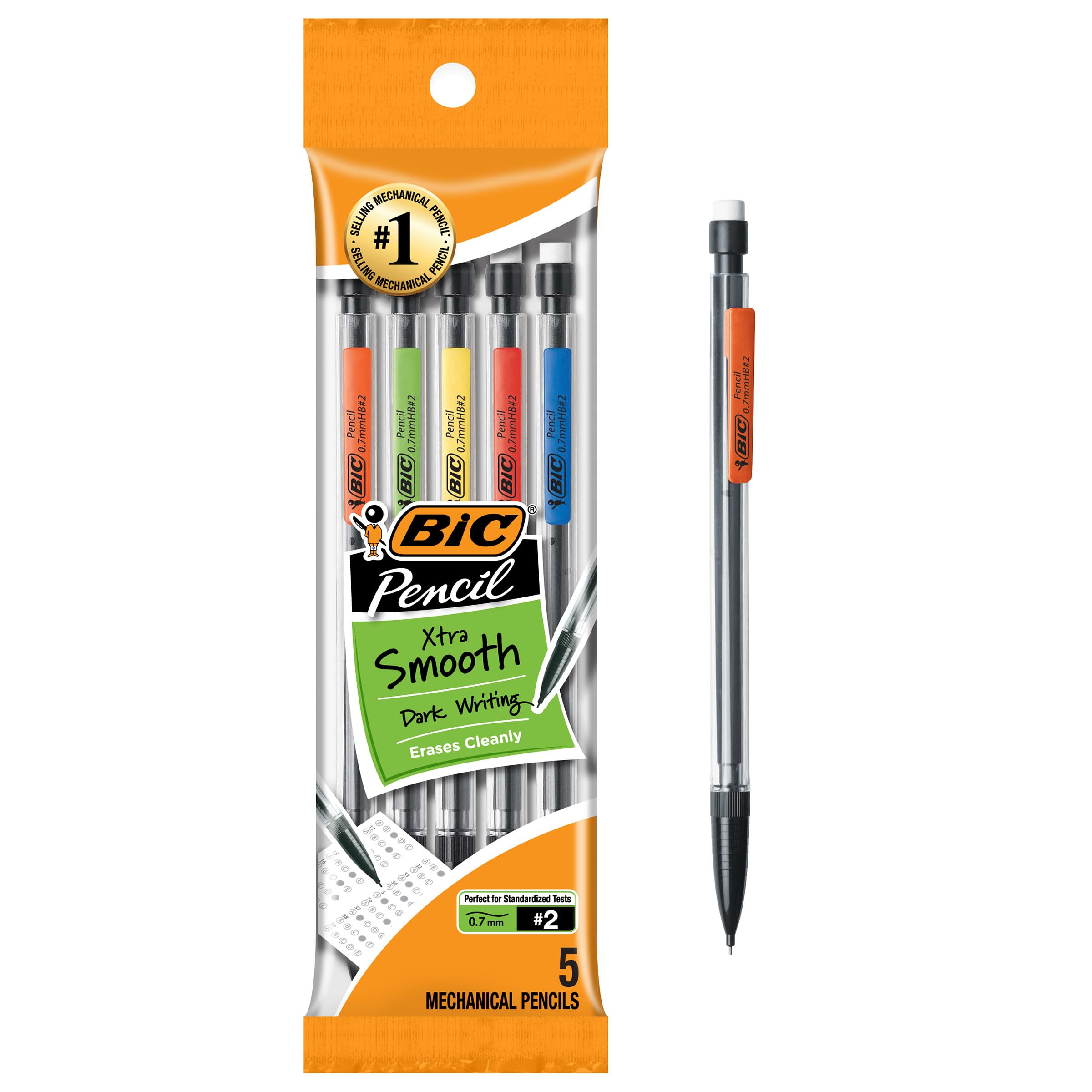 BIC Xtra-Smooth Mechanical Pencils with Erasers, Medium Point (0.7mm), 5-Count Pack, Bulk Mechanical Pencils for School or Office Supplies