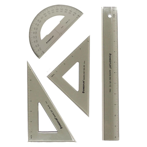 STAEDTLER College Combination Set - Triangle, Protractor & Ruler Set, Transparent Smoke Plastic with Beveled Edges, 4-Piece Set