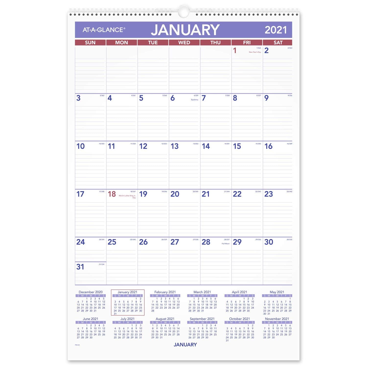 2021 Wall Calendar by AT-A-GLANCE, 15-1/2" x 22-3/4", Large, Monthly, Wirebound (PM32821)