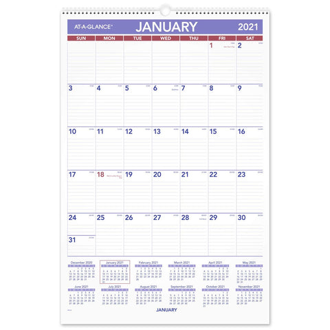 2021 Wall Calendar by AT-A-GLANCE, 15-1/2" x 22-3/4", Large, Monthly, Wirebound (PM32821)