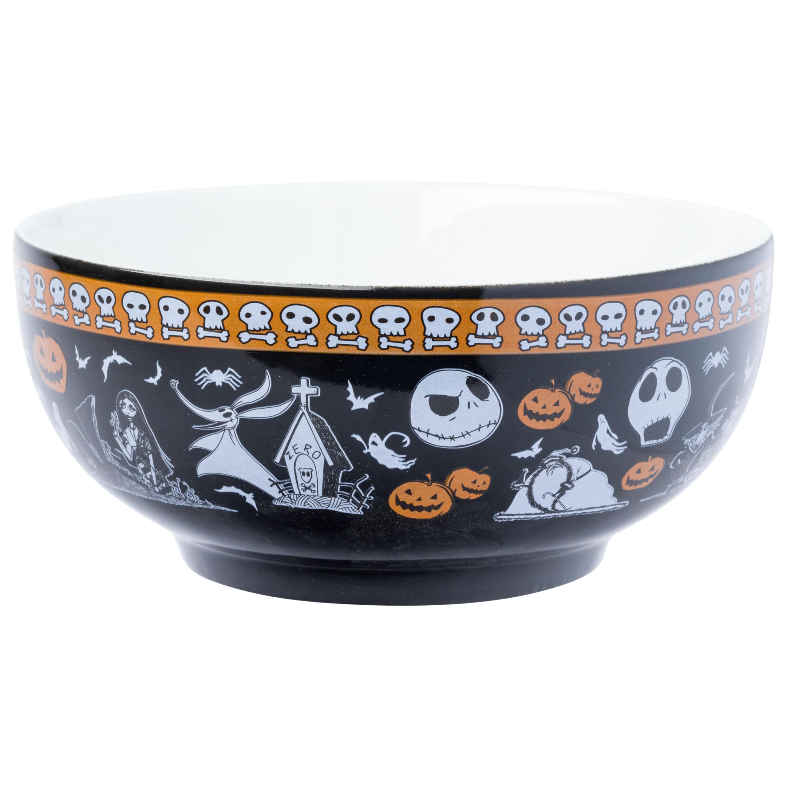 Silver Buffalo Disney Tim Burton's Nightmare Before Christmas Featuring Jack Skellington, Oogie Boogie, Sally, Dr. Finkelstein, Lock, Barrel, and Zero Ceramic Bowl with Color Changing Spoon, 28 Ounces