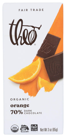 Theo Orange Organic Dark Chocolate Bar, 70% Cacao, 1 Bar | Vegan, Fair Trade