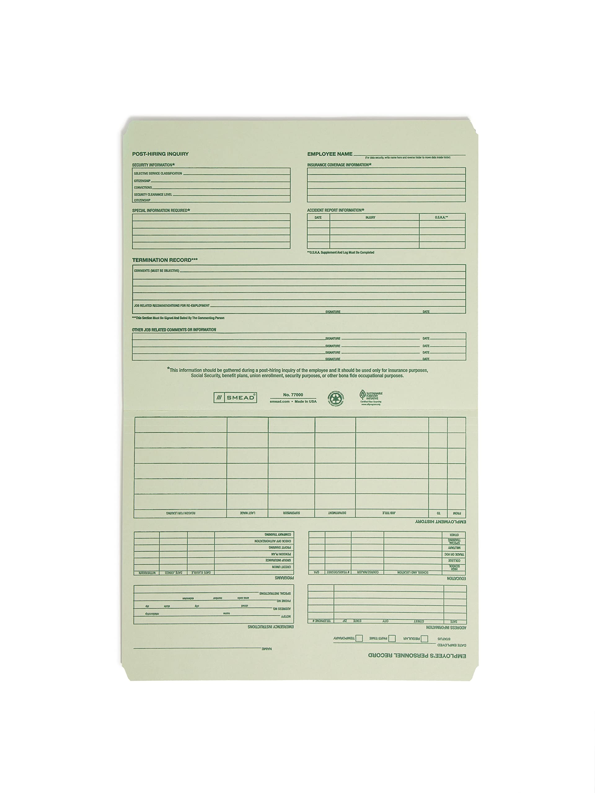 Smead Employee Record File Folder, Straight-Cut Tab, Letter Size, Moss, 20 per Pack (77000)