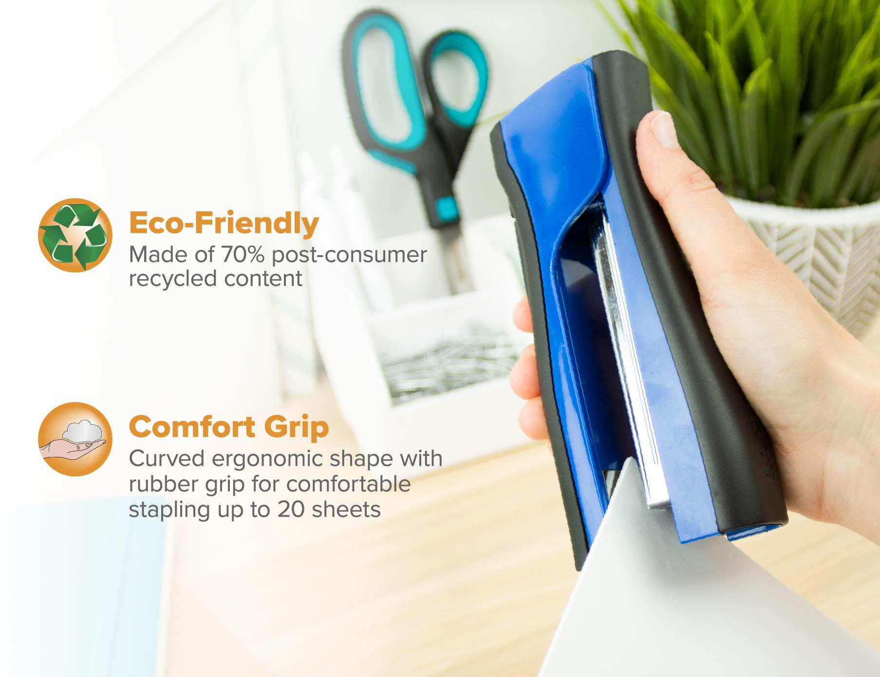 Bostitch Office Dynamo 4 in 1 Standup Stapler, Includes 420 Staples, 20 Sheet Capacity, Integrated Pencil Sharpener, Staple Remover & Staple Storage, Blue