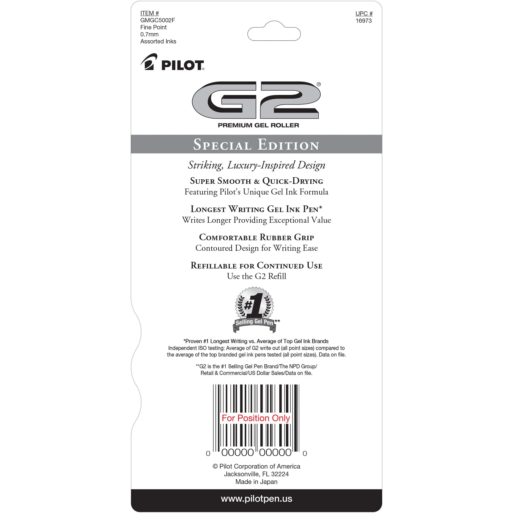 Pilot, G2 Special Edition Premium Gel Roller Pens, Fine Point 0.7 mm, Black, Blue, Red, Pack of 5