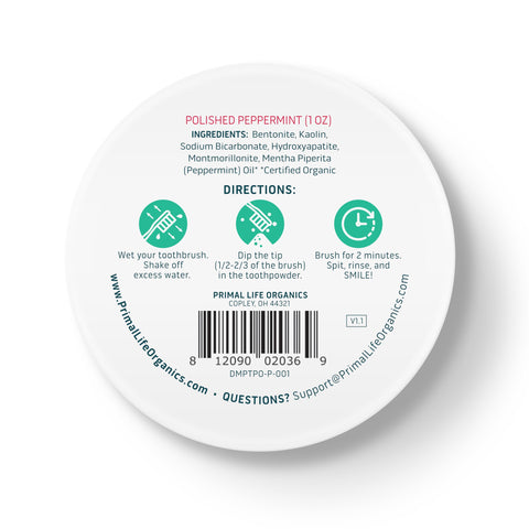 Primal Life Organics - Dirty Mouth Toothpowder, Tooth Cleaning Powder, Flavored Essential Oils with Natural Kaolin & Bentonite Clay, Good for 200+ Brushings, Paleo, Organic, Vegan (Peppermint, 1 oz)