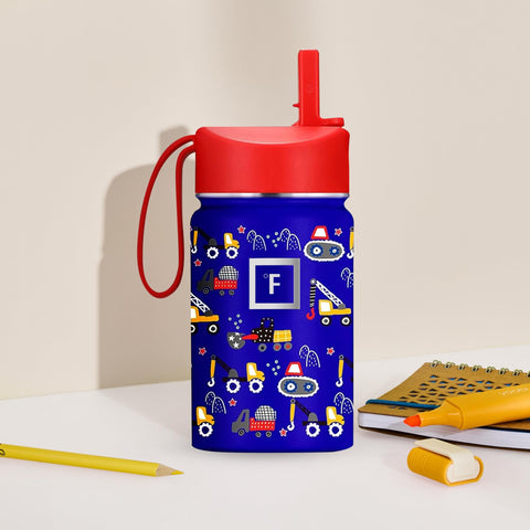 IRON °FLASK Kids Water Bottle - Straw Lid, 20 Name Stickers, Vacuum Insulated Stainless Steel, Double Walled Tumbler Travel Cup, Mug - Construction Zone, 14 Oz