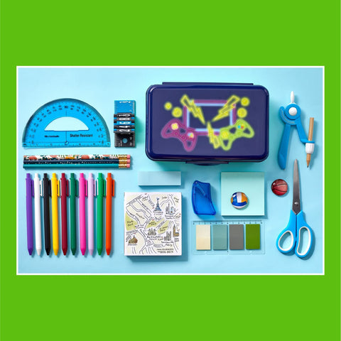 It's Academic Pencil Box Kit, Includes Ruler & Sharpener, Durable Plastic, for School & Office Supplies, Blue Gaming Design