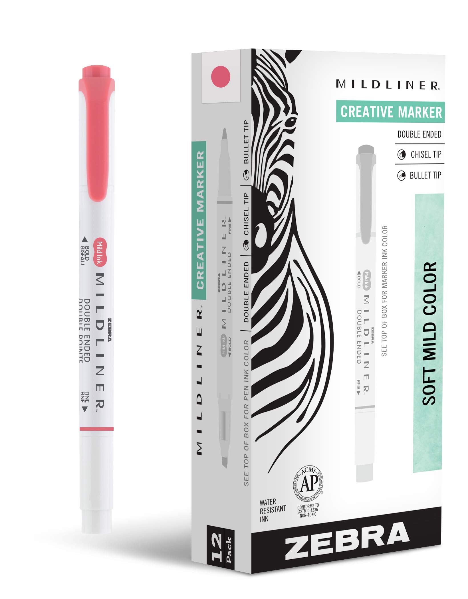 Zebra Pen Mildliner Dual-Tip Highlighters, Broad and Fine Tips, Ideal for Bible Highlighting, No Bleed, School Supplies, Teacher Supplies, and Office Supplies, Mild Red Ink, 12-Pack (78130upc)