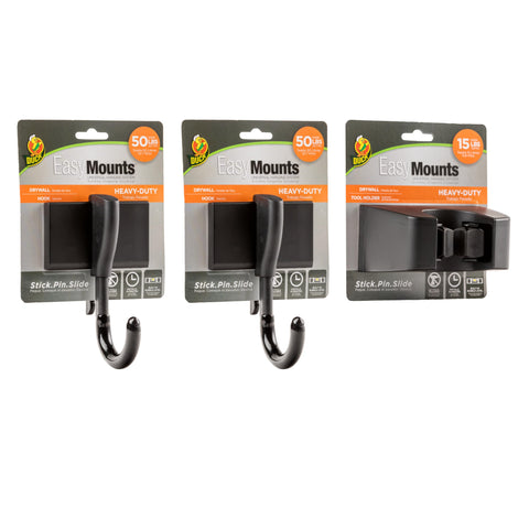 Duck EasyMounts Garage Organization Kit - 2 Heavy Duty Hooks and 1 Mop & Broom Holder - Wall Mount Hanging Storage - No Tool Drywall Install - Black, Includes All Hanging Hardware