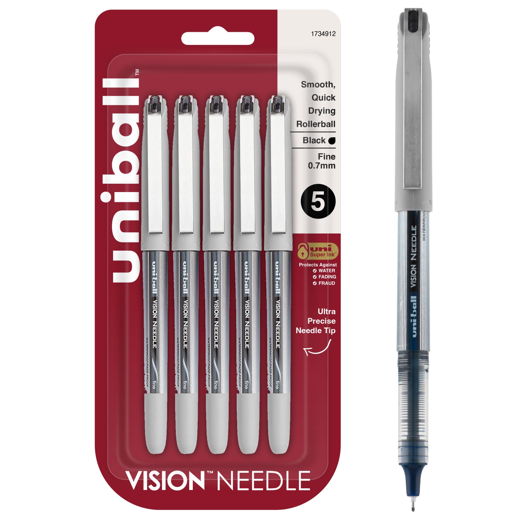 uniball Vision Needle Rollerball Pens, Fine Point (0.7mm), Black, 5 Pack