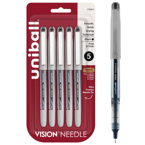 uniball Vision Needle Rollerball Pens, Fine Point (0.7mm), Black, 5 Pack