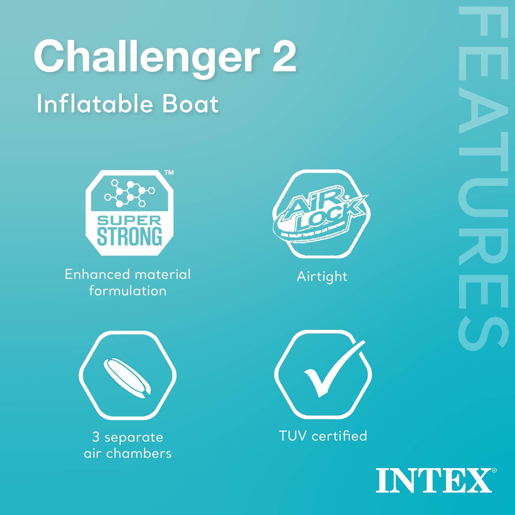 INTEX 68367EP Challenger 2 Inflatable Boat Set: Includes Deluxe 48in Boat Oars and High-Output Pump – Triple Air Chambers – Welded Oar Locks – 2-Person – 440lb Weight Capacity