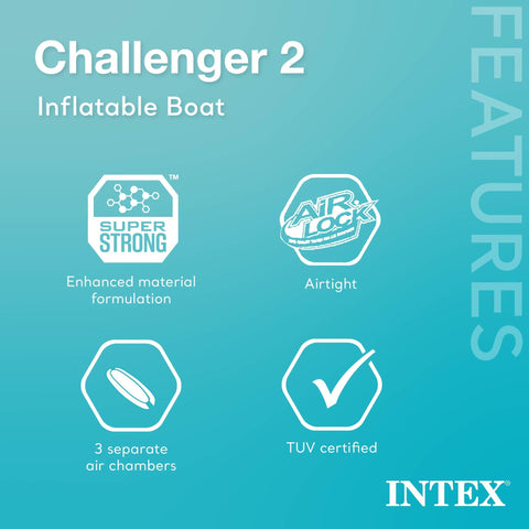 INTEX 68367EP Challenger 2 Inflatable Boat Set: Includes Deluxe 48in Boat Oars and High-Output Pump – Triple Air Chambers – Welded Oar Locks – 2-Person – 440lb Weight Capacity