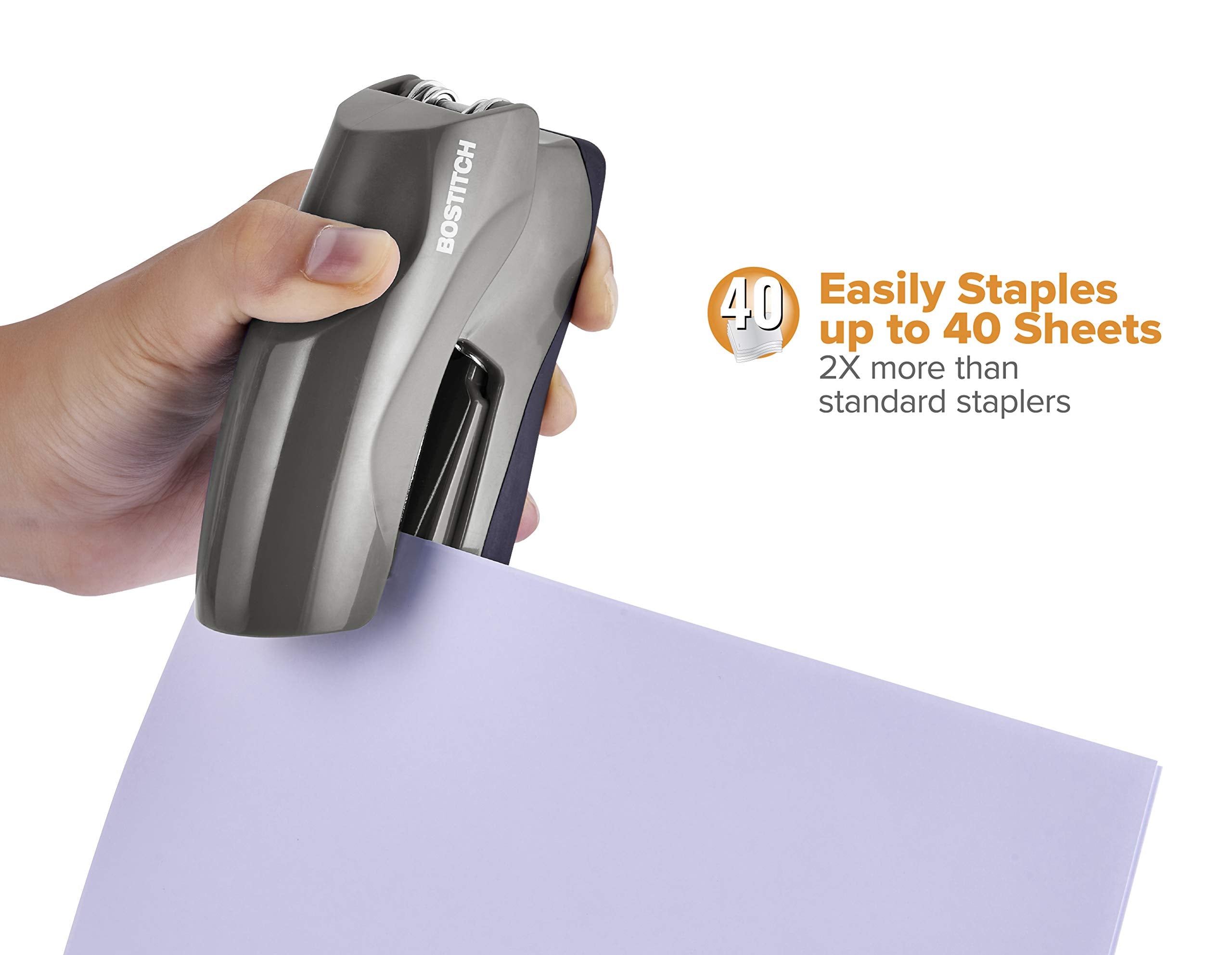 Bostitch Office Heavy Duty Stapler, 40 Sheet Capacity, No Jam, Half Strip, Fits into the Palm of Your Hand, For Classroom, Office or Desk, Gray