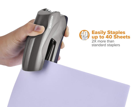 Bostitch Office Heavy Duty Stapler, 40 Sheet Capacity, No Jam, Half Strip, Fits into the Palm of Your Hand, For Classroom, Office or Desk, Gray
