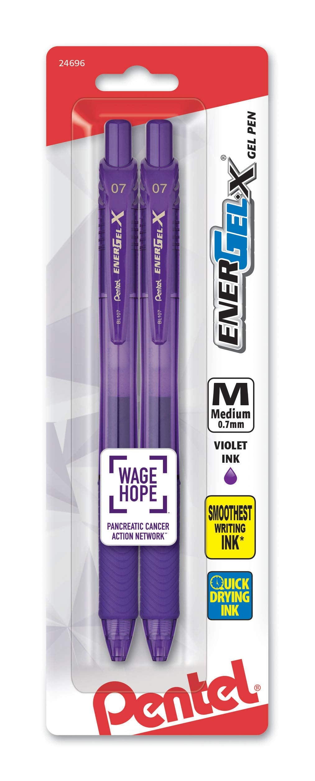 Pentel EnerGel-X Retractable Liquid Gel Pen 0.7mm, Metal Tip, Medium, Violet Ink, 2 Pack (BL107BP2V)