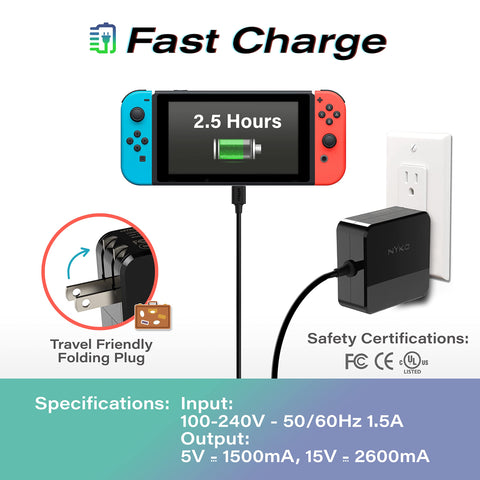 Nyko 39W USB-C Fast Charger for Nintendo Switch - Supports TV Dock Mode, 15V, 2.6A Charger with 8ft Cord for Rapid Charging - Works with Steam Deck and Other Type-C Devices